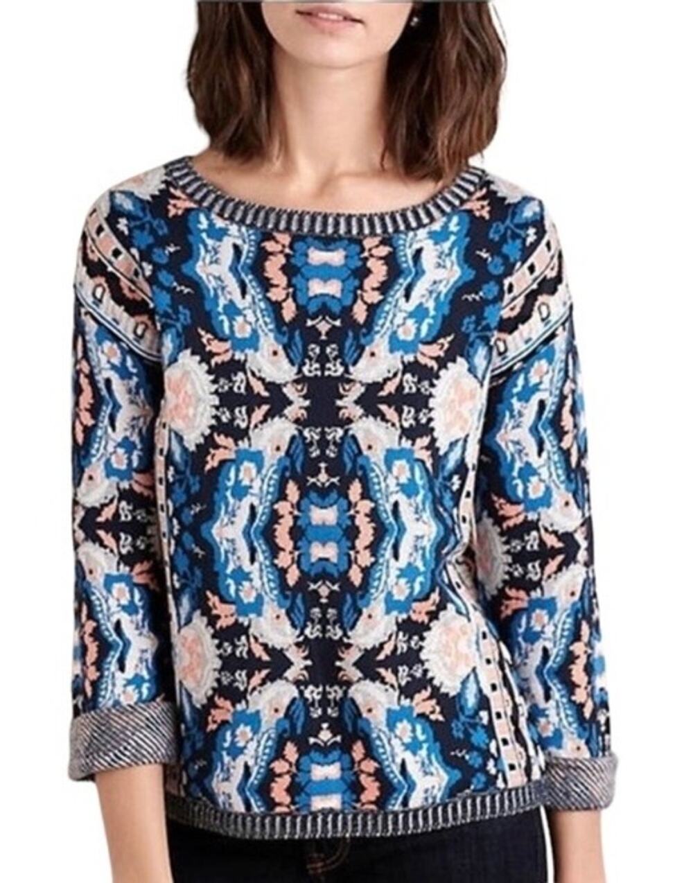 Moth Anthropologie Sweater Women’s XS Antica Jacquard Blue Cabine Pullover